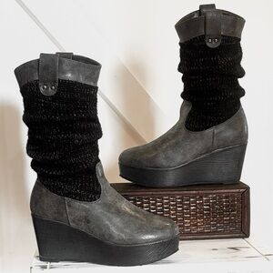 Muk Luks Quinn Platform Wedge Knit Sweater Slouch & Fur Lined Pull On Mid Boots